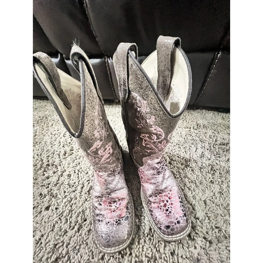 OLD WEST Children All Over Leatherette Antique Pink/Brown Crackle Broad Boots
